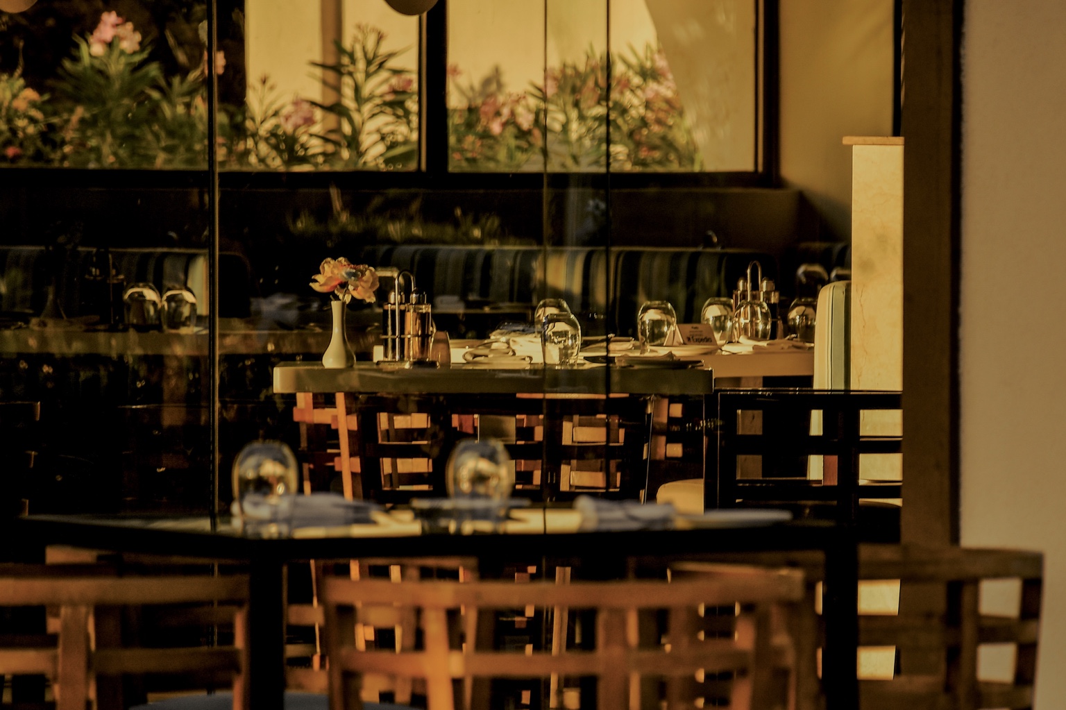 Restaurant tables in warm evening light